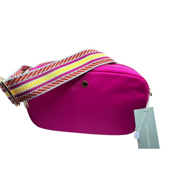 New Antonio Melani Fuchsia Crossbody Nylon Bag Multicolor Strap Gold Accents - Picture 3 of 9